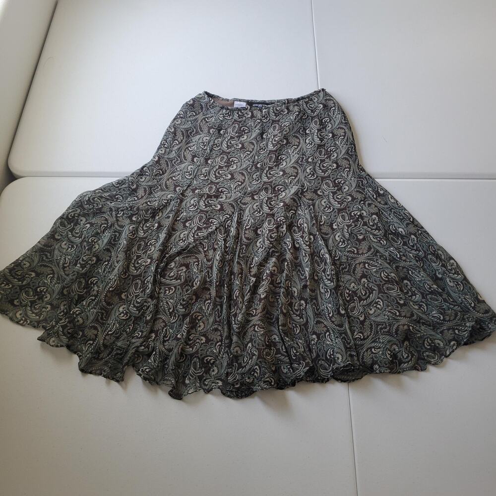 Y2K 90s Jones New York Skirt Women 6P Green Paisley Silk Ruffle Fairy Whimsygoth